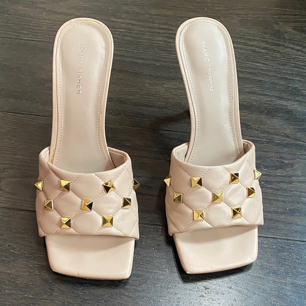 Marc Fisher Dacorin Quilted Slide Sandals with Gold Stud Accents